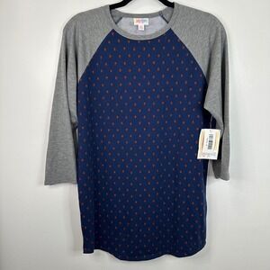NWT LuLaRoe Randy Raglan Shirt Medium Blue Gray Patterned‎ 3/4 Sleeve Casual